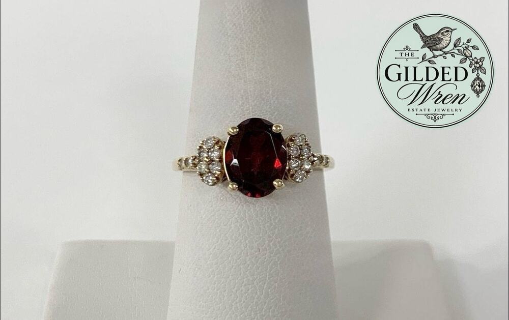 10K Yellow Gold Garnet Diamond Ring 2.4ct Oval Estate Fine Jewelry Size 7